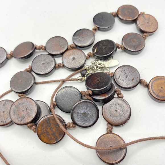NY & Co Wood Disc Beads Boho Cord Hand Knot Necklace - Picture 6 of 7